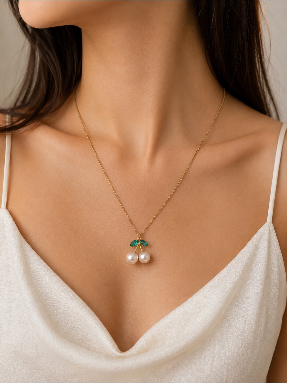 Pearl Cherry Pendant Necklace Gold Tone Green Rhinestone Y2K Coquette Jewelry